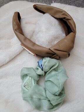 2pcs Mint Green Silk Scrunchie and Tan Leather Padded Headband